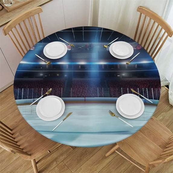 PIKWEEK Fitted Table Cover for Round Tables Ice Hockey Sport Arena Tablecloth with Elastic Edge,Waterproof Table Cloth Covers for Outdoor Picnic Patio Coffee Kitchen Dinning Party Stadium Style White