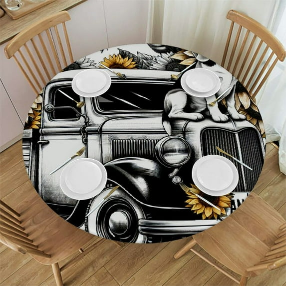 PIKWEEK Fitted Table Round Cover Elastic Edged Tablecloth,Vintage Farm Truck and Sunflower Dogs Circle Tables Cover Waterproof Wipeable Tabletop Protector Cloth for Dinner Party Retro Wooden Board
