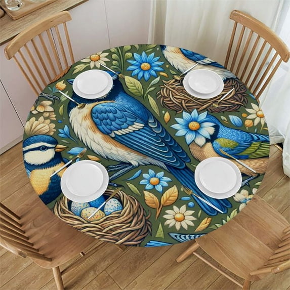 PIKWEEK Fitted Table Round Cover Elastic Edged Tablecloth,Watercolor Sparrow Nest on Branch Circle Tables Cover Waterproof Wipeable Tabletop Protector Cloth for Dinner Party Bird Feather Botanical Art