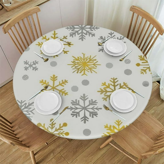 PIKWEEK Fitted Tablecloth for Round Table,Christmas Gold Grey Snowflake White Table Cover with Elastic Edge Waterproof Table Cloth,Winter Abstract Snow Circle Table Covers for Kitchen Indoor Outdoor