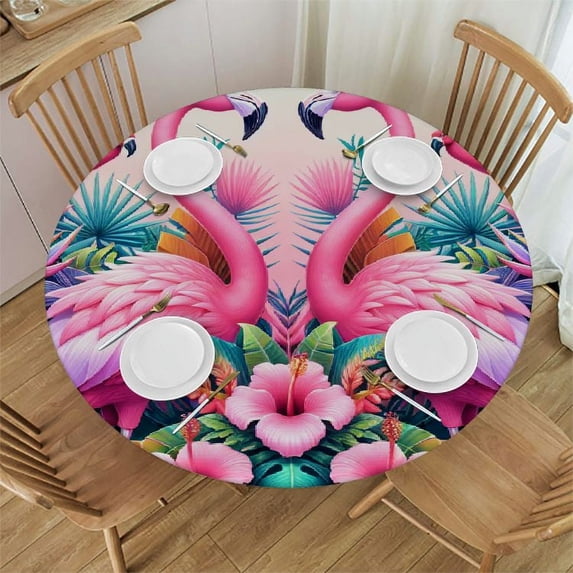 PIKWEEK Flamingo and Round Tablecloth Washable for Home Kitchen Outdoor Decoration White