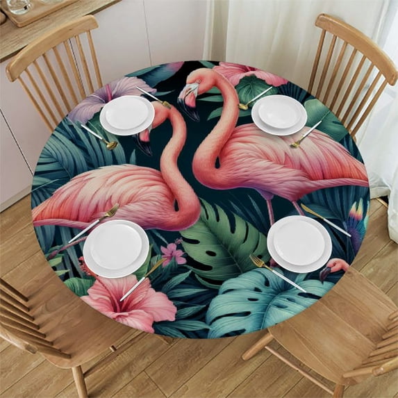 PIKWEEK Flamingos Tropical Flowers Summer Fitted Round Tablecloth Waterproof Table Cloth with Elastic Edge Wipe Clean Table Cover for Indoor Outdoor