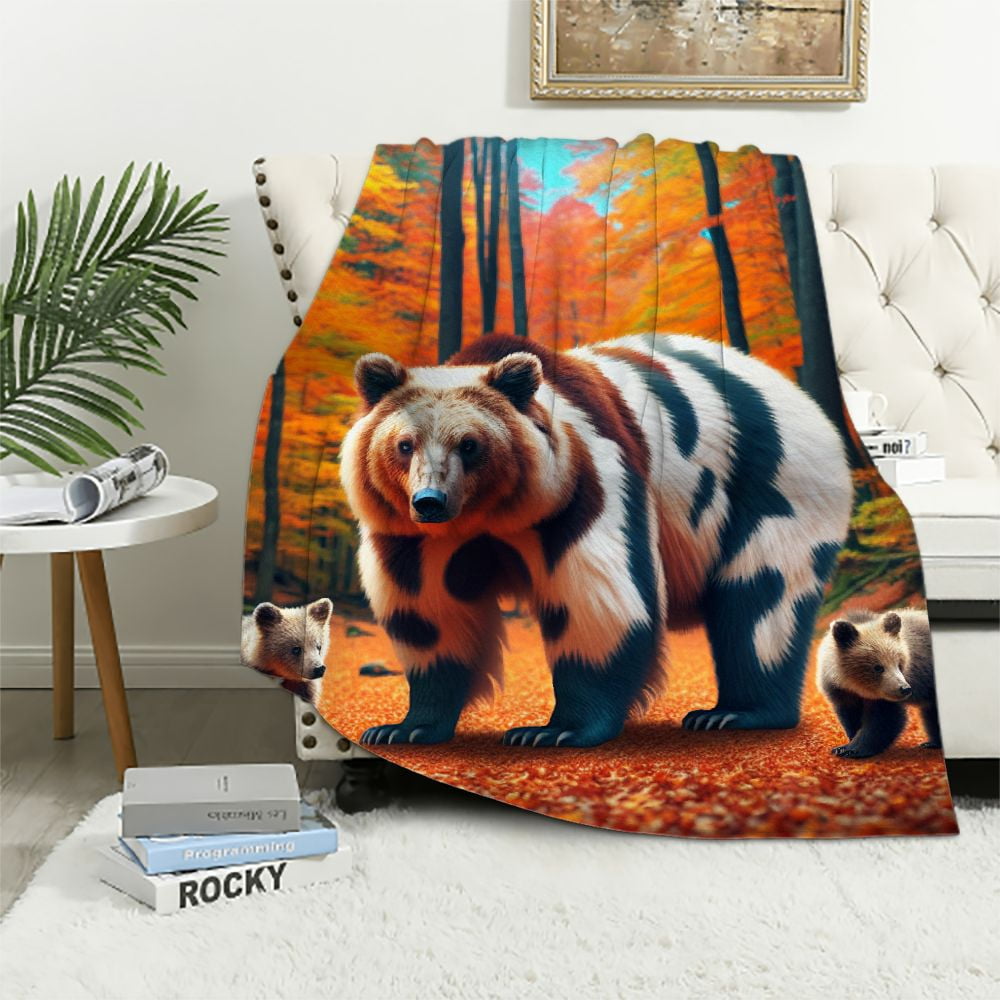 Cartoon Bear and Blue Flowers Warm Blanket