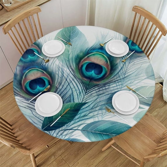 PIKWEEK Floral Realistic Peacock Feathers Blue Shiny Foliage Square Tablecloth with Elastic Edge White