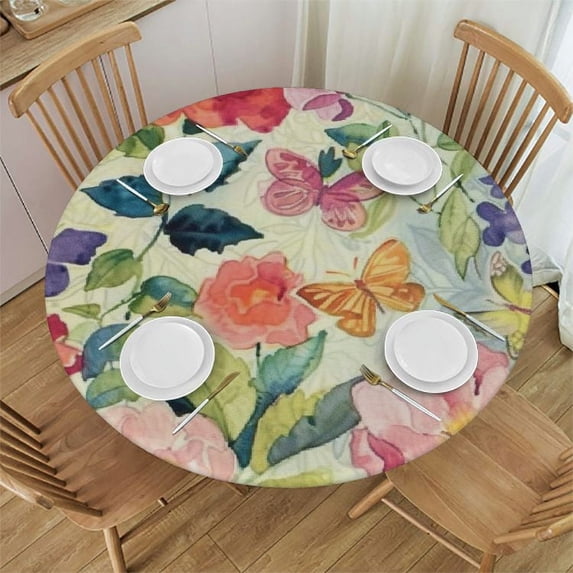 PIKWEEK Flower Botanical Spring Flowers, Pink Butterfly Round Tablecloth with Elastic Edge White