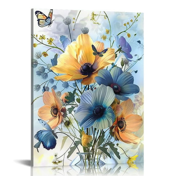 PIKWEEK Flower Canvas Wall Art-Colorful Floral Picture for Bedroom- Watercolor Blue Yellow Pink Wildflower Canvas Décor, Nature Scenery with Butterfly Print Room Décor 12*16in/16*20in