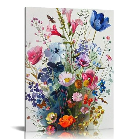 PIKWEEK Flower Canvas Wall Art-Colorful Floral Picture for Bedroom- Watercolor Blue Yellow Pink Wildflower Canvas Décor, Nature Scenery with Butterfly Print Room Décor 12*16in/16*20in
