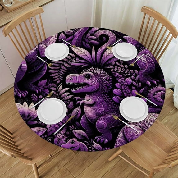 PIKWEEK Flower Dinosaurs Round Fitted Tablecloth with Elastic Edge Fitted Table Cloth for Round Table Circular Table Cover Waterproof Wipeable Round Elastic Table Cloth