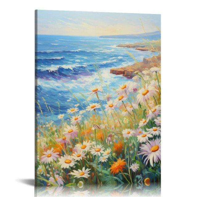 PIKWEEK Flowers Wall Art Canvas White Daisy Floral Painting Blue