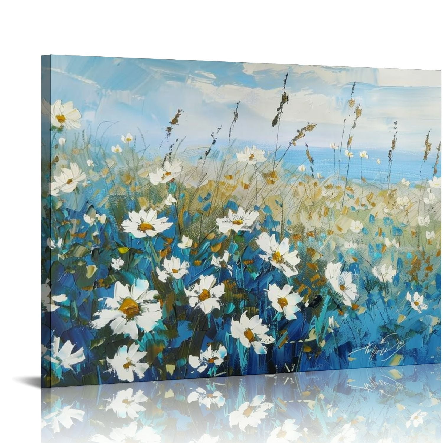 PIKWEEK Flowers Wall Art Canvas White Daisy Floral Painting Blue ...