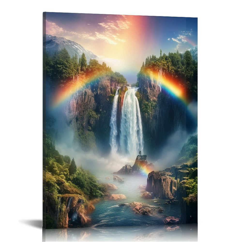 PIKWEEK Forest Sunset Canvas Wall Art Dreamlike Waterfall Landscape ...