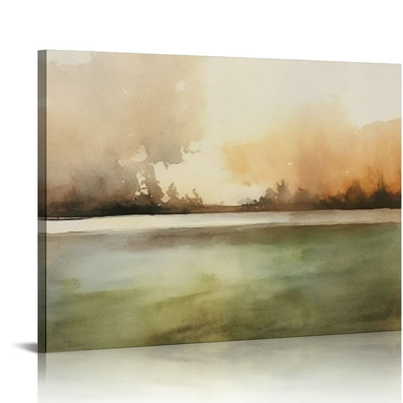 PIKWEEK Framed Canvas Print Wall Art Brown and Green Watercolor Landscape Abstract Shapes Illustrations Modern Chic Relax/Calm for Living Room, Bedroom, Office