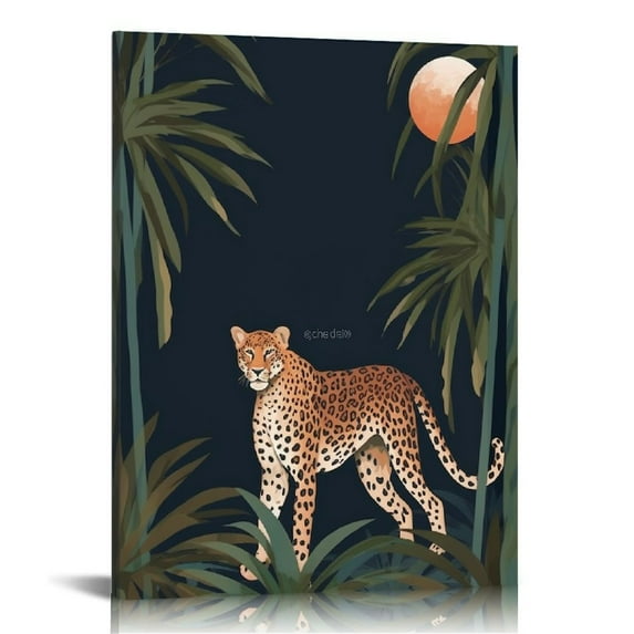 PIKWEEK  Framed Canvas Print Wall Art Cheetah Dark Tropical Jungle Palm Trees Animals Nature Illustrations Modern Art Rustic Portrait Colorful Chic for Living Room, Bedroom, Office Natural