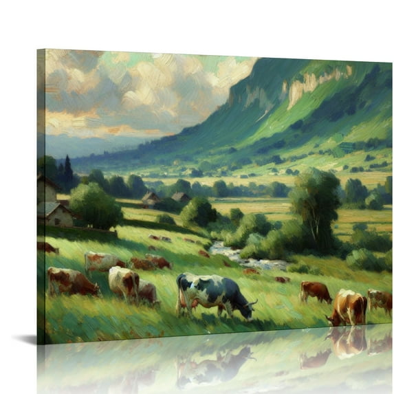 PIKWEEK  Framed Canvas Print Wall Art Pastel Valley Cow Farm Field Landscape Nature Wilderness Illustrations Fine Art Decorative Rustic Multicolor for Living Room, Bedroom,12*16inch/16*20inch