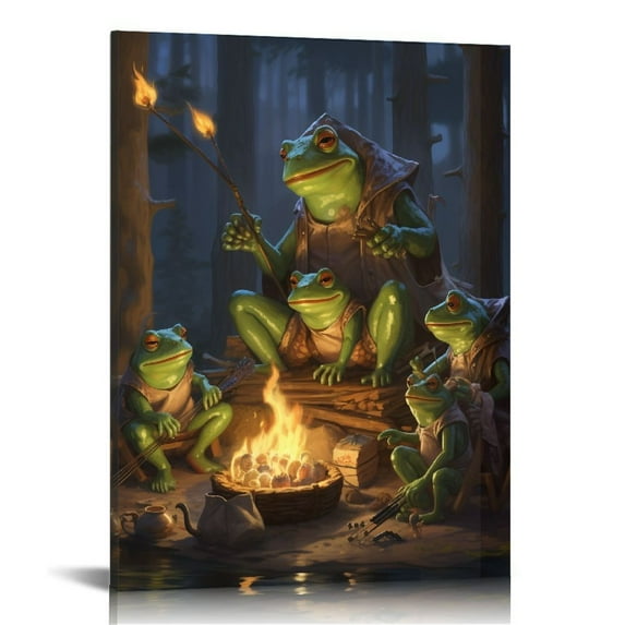 Wuche Frog Bonfire Party Under the Moon, Cartoon Moon Wall Decor for Happy Children's Room, Frog Decor Painting, Frog Wall Art, Living Room Posters Bedroom Painting