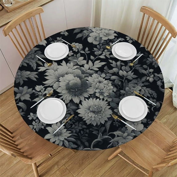 PIKWEEK Full Width Single-Sided Printing Black Brown Daisy Floral Block Print Flowers Decorative Round Tablecloth White