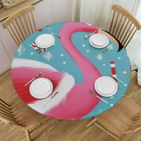 PIKWEEK Fun Pink Flamingo Christmas Snowflake Elastic Fitted Edged Round Tablecloth Fade Resistant Anti-Shrink Soft Table Cloth Washable Table Cover for Banquet Home Indoor or Outdoor White