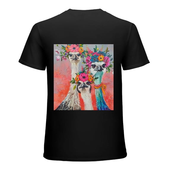 PIKWEEK Fun animals, cute ostrich cartoon, designed shirt, artistic display, T-shirt lover gift casual breathable men, women, boys, girls, children Black