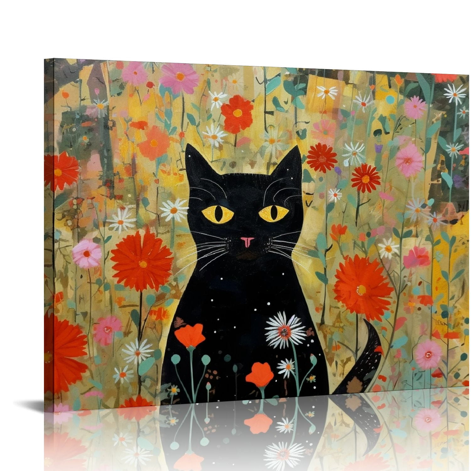 PIKWEEK Funny Black Cat Canvas Wall Art Monet Vintage Floral Plant ...