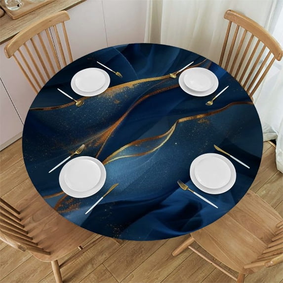 PIKWEEK Gold and Blue Abstract Art Round Tablecloth White
