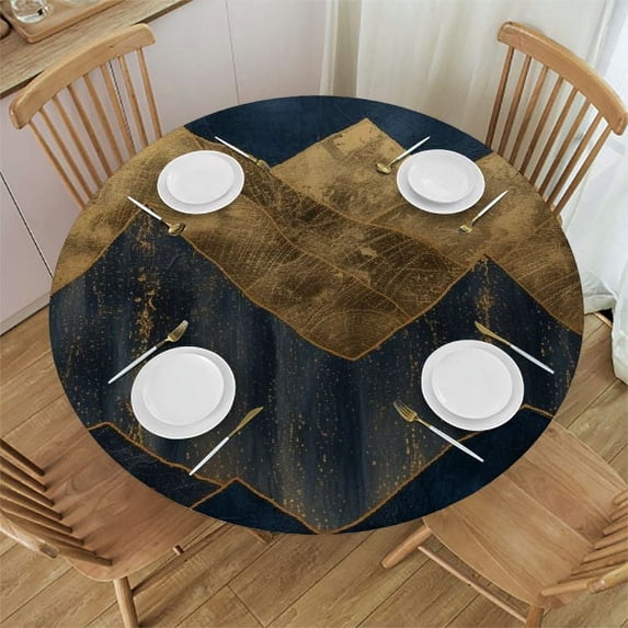 PIKWEEK Gold and Blue Abstract Art Round Tablecloth with Elastic Edge White