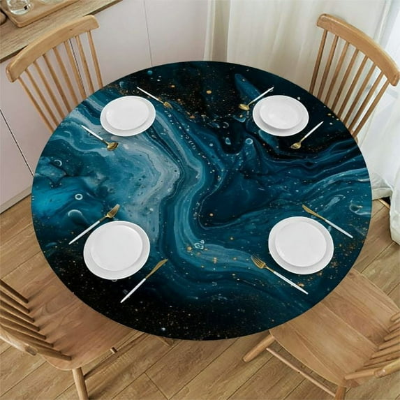 PIKWEEK Gold and Blue Abstract Art Table Cloth Round Table Cover White