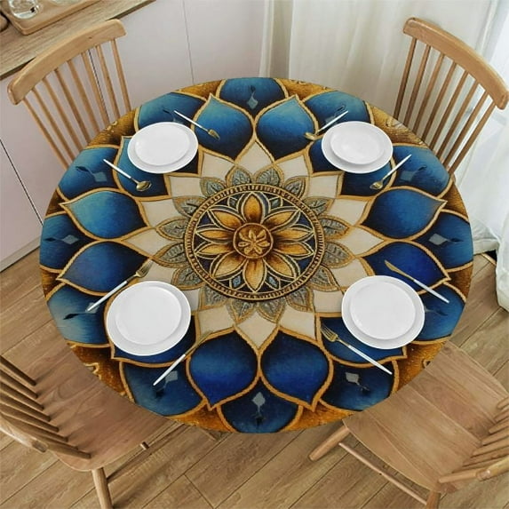 PIKWEEK Gold and Blue Abstract Art Waterproof Resistant Fabric Round Tablecloth White