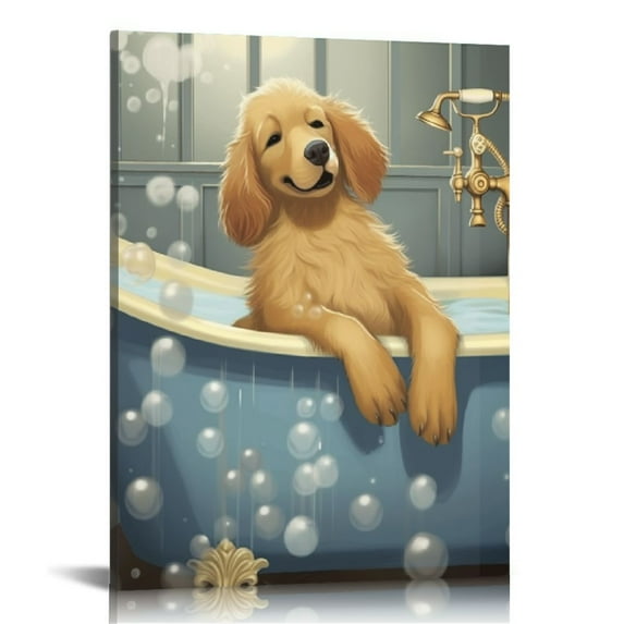 PIKWEEK Golden Retriever With Bathtub Poster Golden Retriever Bath Soap Posters Wall Art Paintings Canvas Wall Decor Home Decor Living Room Decor Aesthetic Prints