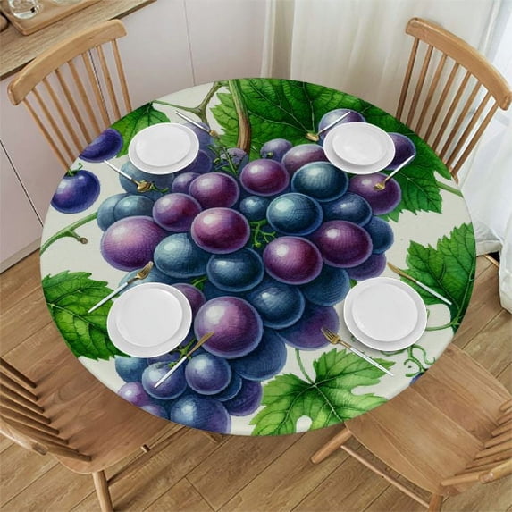 PIKWEEK Grape Round Fitted Tablecloth Elastic Edge Waterproof Oil-Proof Table Cover Stain-Resistant Table Cloth Fits Round Tables