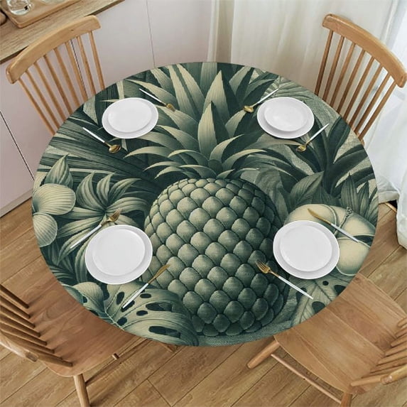PIKWEEK Great for Home Kitchen/Parties/Holiday Dinner Pineapples Hawaii Summer Tropical Palm Leaves Flowers Blossom Round Tablecloth White
