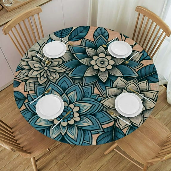 PIKWEEK Green Lotus Fitted Round Table Cloth Line Art Flower Leaf Botany Elastic Stretch Tablecloth