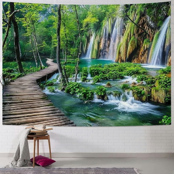 PIKWEEK Green Nature Tapestry Rainforest Waterfall Landscape Tapestry River Wooden Bridge Scene Wall Hanging Tapestry for Bedroom Painting