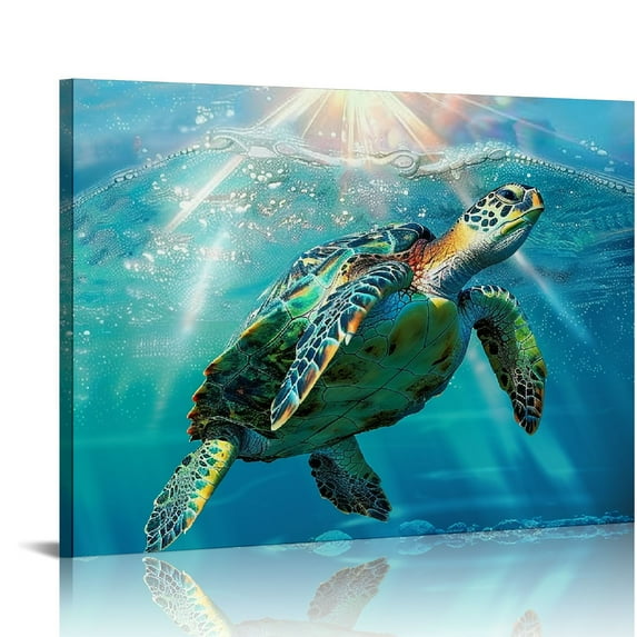 PIKWEEK Green Sea Turtle Wall Decor Tropical Canvas Wall Art Prints Hawaii Turtle Picture Gift Florida Sea Life Teal Watercolor Ocean Animal Painting Small Framed Pictures for Bathroom Living Room