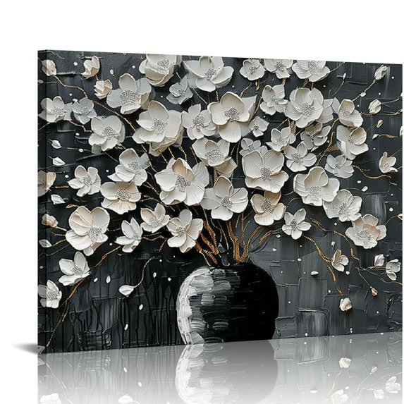 PIKWEEK Hand Painted 3d Flower Painting White Flower in Black Vase Abstract Canvas Wall Art for Living Room Bedroom Ready to Hang 16*12inch/20*16inch