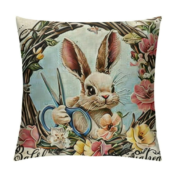 Wuche Happy Easter Hunny Bunny Decorative Throw Pillow Covers Home Sweet Home Rabbit Wreath Porch Patio Outdoor Pillowcase, Egg Hunt Tulip Flower Stripes Cushion Case Home Decor