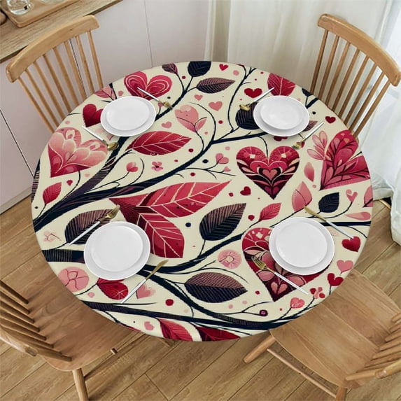 Wuche Happy Valentine's Day Tree Love Heart Round Fitted Tablecloth Elastic Edge Waterproof Oil-Proof Table Cover Stain-Resistant Table Cloth Fits Round Tables