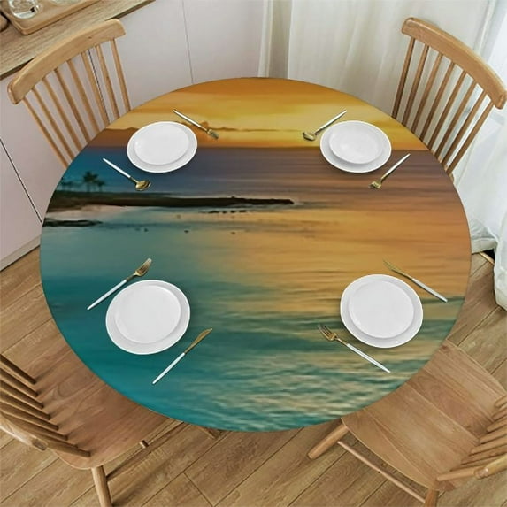 PIKWEEK Hawaii Round Fitted Tablecloth, Waterproof and Wipeable Table Cloth for Restaurant Kitchen Dinner, Beach Modern Washable Polyester Table Cover, Fits Tables up to Diameter White