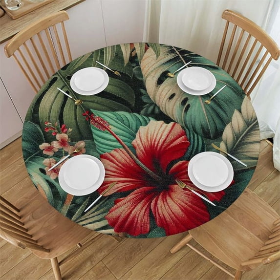 PIKWEEK Hibiscus Flowers Summer Colorful Hawaiian Tropical Plants Palm Leaf Outdoor Fitted Round Tablecloth White