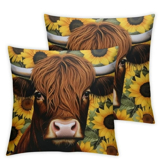 Wuche Highland Cow Throw Pillow Cover Set of 2 Highland Cattle SunflowerDecorative Throw Pillowcase for Sofa,Yellow Flowers Pattern Black Decorative Throw Pillowcase for Sofa