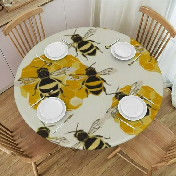 PIKWEEK Honeybee Fitted Round Tablecloth with Elastic Edge Waterproof Table Cover Bee Table Cloths Modern Tables Decoration for Dining Table,Picnic,Party