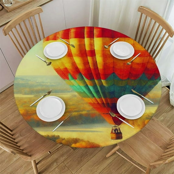 PIKWEEK Hot Air Balloon Froest Round Fitted Tablecloth Fitted Table Cloth for Round Table Waterproof Wipeable Round Elastic Table Cloth Circular Table Cover with Elastic Edge