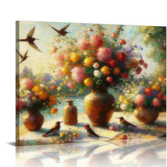 PIKWEEK Hummingbird Flowers Bathroom Wall Art Farmhouse Floral Hummingbirds Bathroom Pictures Bathroom Wall Decor Floral Bathroom Window Style Canvas Prints Painting Artwork for Bedroom 16"x12"