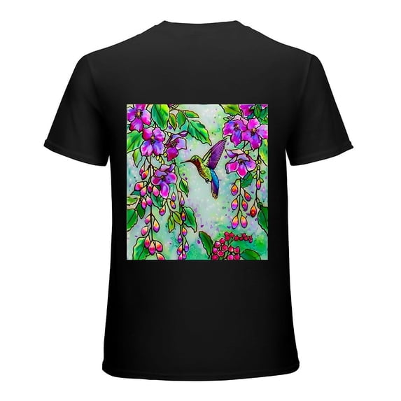 Wuche Hummingbird colored glass window with hand-painted colored glass panels, designed shirt, artistic display, T-shirt, lover gift, casual and breathable men, women, boys, girls, children Black