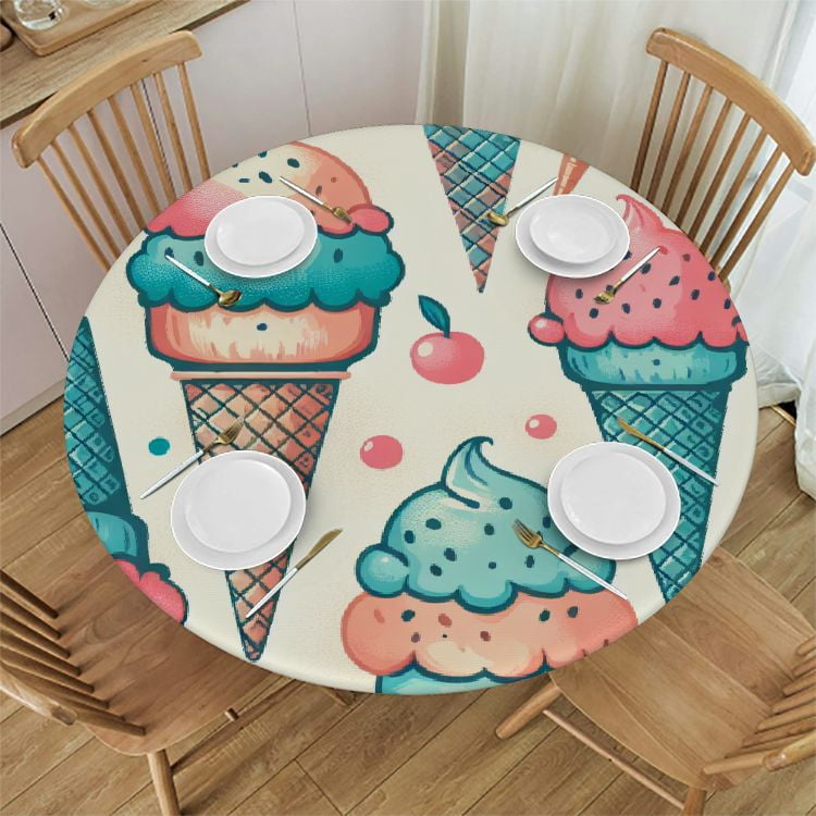 PIKWEEK Ice Cream Round Tablecloth, Fitted Table Cover with Elastic for ...