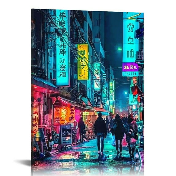 PIKWEEK Japanese Cityscape Wall Art Japan Cyberpunk Neon Posters Painting Abstract Tokyo Night Streets Pictures Prints for Living Room Bedroom Bathroom Japanese Room Canvas wall Decor