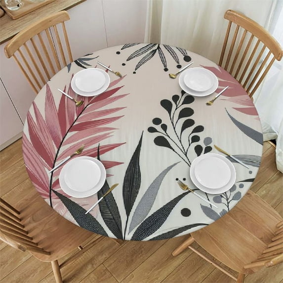 PIKWEEK Jungle Pattern Exotic Tropical Summer Graphic Pink Blue Palm Hawaiian Leaf Fan Fern Travel Foliage with Elastic Edge Round Tablecloth White