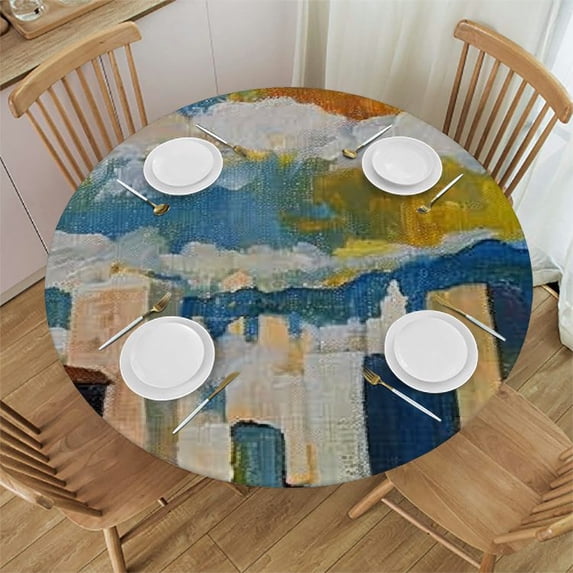PIKWEEK Landscape Circular Elastic Table Cover Painting Round Fitted Tablecloth with Stretch Elastic for Picnic, Patio, Banquet and Party Tables