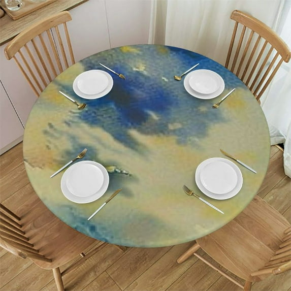PIKWEEK Landscape Circular Elastic Table Cover Painting Round Fitted Tablecloth with Stretch Elastic for Picnic, Patio, Banquet and Party Tables