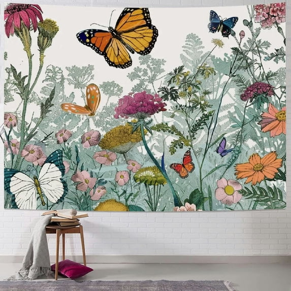 PIKWEEK Leaf Butterfly Tapestry Wall Hanging, Sage Green Leaves and Flowers with Butterflies Wall Hanging Tapestry Spring Plant Tapestry for Bedroom Living Room Wall Decor Painting