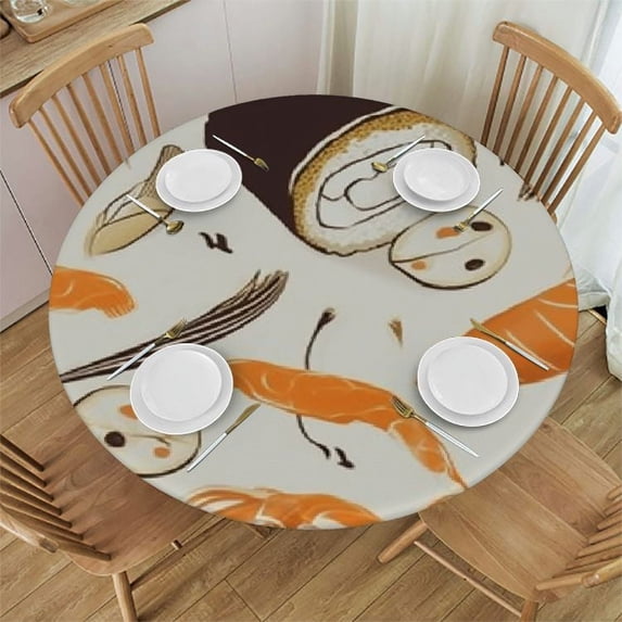 PIKWEEK Lovely Sushi Pattern Round Fitted Tablecloth, Sushi Elastic Tablecloth for Round Tables, Waterproof Table Cover